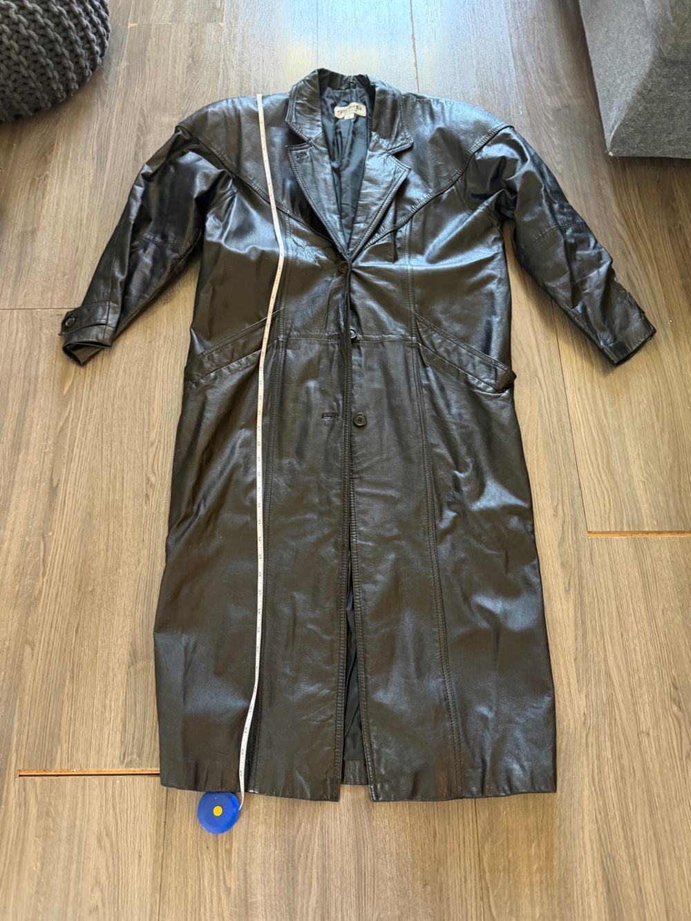 Vintage Black Leather Long Coat - Picture 7 of 13